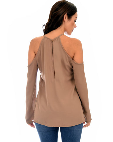 Lyss Loo Melt My Heart Cold Shoulder Taupe Blouse Top - Clothing Showroom