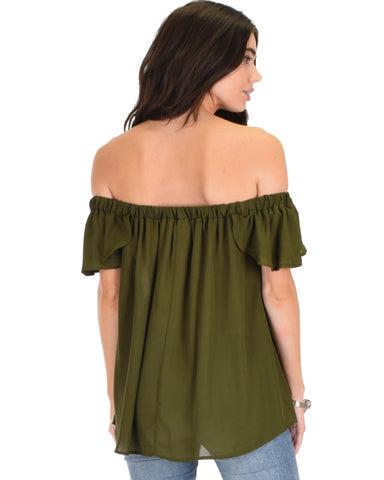 Lyss Loo Sunny Honey Off The Shoulder Sheer Olive Blouse Top - Clothing Showroom
