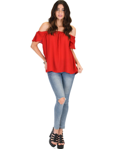 Lyss Loo Sunny Honey Off The Shoulder Sheer Red Blouse Top - Clothing Showroom