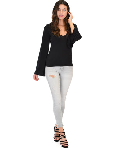 Lyss Loo Ring My Bell Sleeve Black V-Neck Top - Clothing Showroom