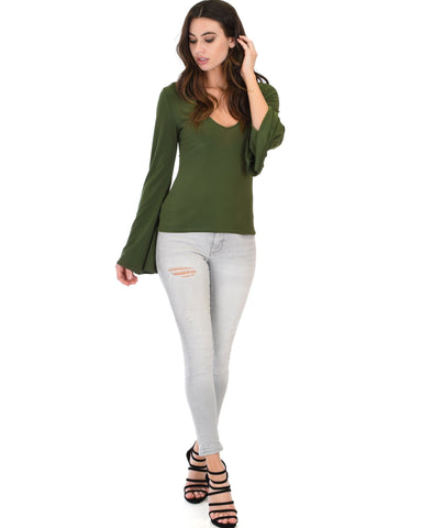 Lyss Loo Ring My Bell Sleeve Olive V-Neck Top - Clothing Showroom