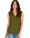 Lyss Loo Queen of Hearts Deep V-Neck Sheer Olive Blouse Top - Clothing Showroom