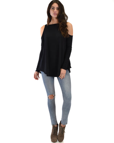 Lyss Loo In Good Company Ribbed Cold Shoulder Black Long Sleeve Top - Clothing Showroom