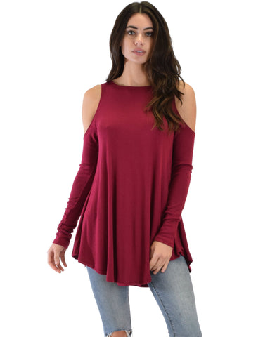 Lyss Loo In Good Company Ribbed Cold Shoulder Burgundy Long Sleeve Top - Clothing Showroom