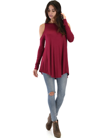 Lyss Loo In Good Company Ribbed Cold Shoulder Burgundy Long Sleeve Top - Clothing Showroom