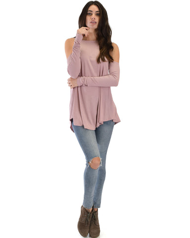 Lyss Loo In Good Company Ribbed Cold Shoulder Mauve Long Sleeve Top - Clothing Showroom