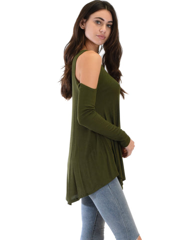 Lyss Loo In Good Company Ribbed Cold Shoulder Olive Long Sleeve Top - Clothing Showroom