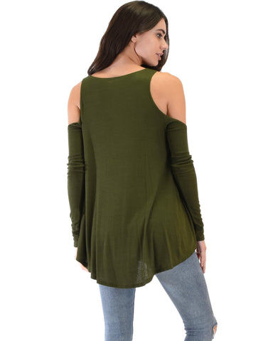 Lyss Loo In Good Company Ribbed Cold Shoulder Olive Long Sleeve Top - Clothing Showroom