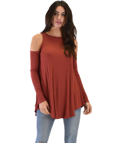 Lyss Loo In Good Company Ribbed Cold Shoulder Rust Long Sleeve Top - Clothing Showroom