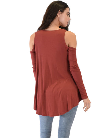 Lyss Loo In Good Company Ribbed Cold Shoulder Rust Long Sleeve Top - Clothing Showroom