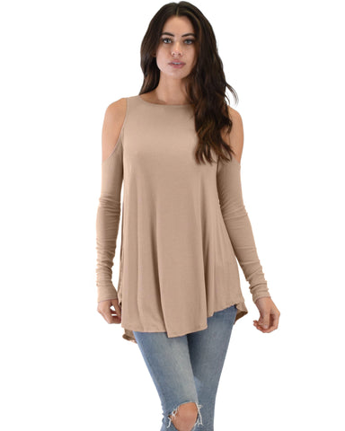 Lyss Loo In Good Company Ribbed Cold Shoulder Taupe Long Sleeve Top - Clothing Showroom