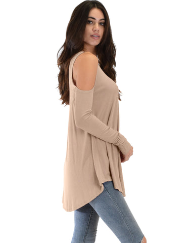 Lyss Loo In Good Company Ribbed Cold Shoulder Taupe Long Sleeve Top - Clothing Showroom