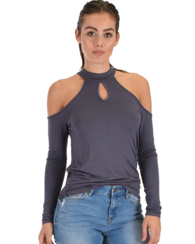 Lyss Loo Shy Sweetheart Long Sleeve Charcoal Cold Shoulder Top - Clothing Showroom