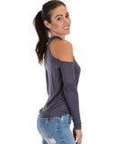 Lyss Loo Shy Sweetheart Long Sleeve Charcoal Cold Shoulder Top - Clothing Showroom