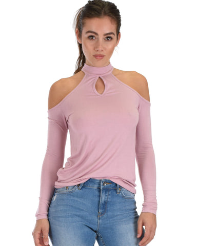 Lyss Loo Shy Sweetheart Long Sleeve Mauve Cold Shoulder Top - Clothing Showroom