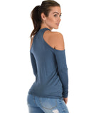 Lyss Loo Shy Sweetheart Long Sleeve Teal Cold Shoulder Top - Clothing Showroom