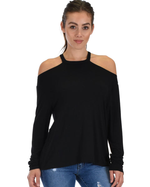 Lyss Loo Filled With Smiles Long Sleeve Black Cold Shoulder Top - Clothing Showroom