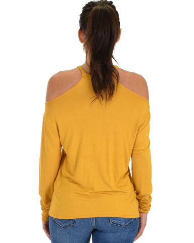 Lyss Loo Filled With Smiles Long Sleeve Mustard Cold Shoulder Top - Clothing Showroom