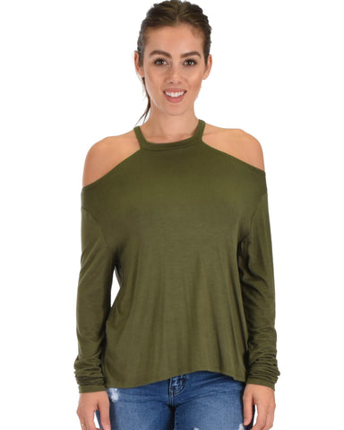 Lyss Loo Filled With Smiles Long Sleeve Olive Cold Shoulder Top - Clothing Showroom