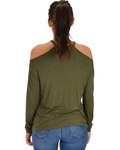 Lyss Loo Filled With Smiles Long Sleeve Olive Cold Shoulder Top - Clothing Showroom