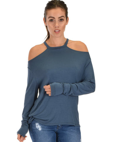 Lyss Loo Filled With Smiles Long Sleeve Teal Cold Shoulder Top - Clothing Showroom