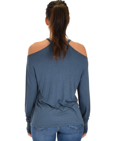 Lyss Loo Filled With Smiles Long Sleeve Teal Cold Shoulder Top - Clothing Showroom