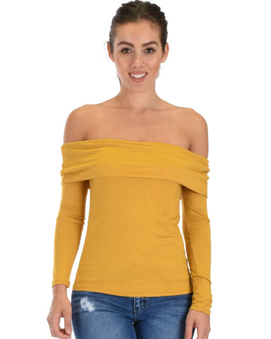 Lyss Loo Bold Move Off The Shoulder Mustard Long Sleeve Top - Clothing Showroom