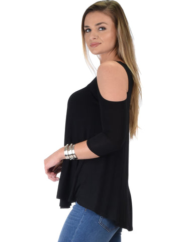 Lyss Loo In Good Company Cold Shoulder Black 3/4 Sleeve Top - Clothing Showroom
