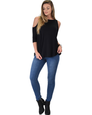 Lyss Loo In Good Company Cold Shoulder Black 3/4 Sleeve Top - Clothing Showroom