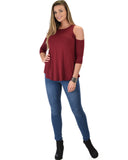 Lyss Loo In Good Company Cold Shoulder Burgundy 3/4 Sleeve Top - Clothing Showroom