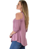 Lyss Loo In Good Company Cold Shoulder Mauve 3/4 Sleeve Top - Clothing Showroom