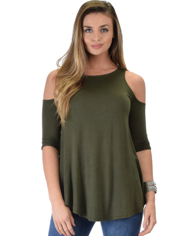 Lyss Loo In Good Company Cold Shoulder Olive 3/4 Sleeve Top - Clothing Showroom