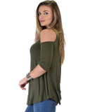 Lyss Loo In Good Company Cold Shoulder Olive 3/4 Sleeve Top - Clothing Showroom