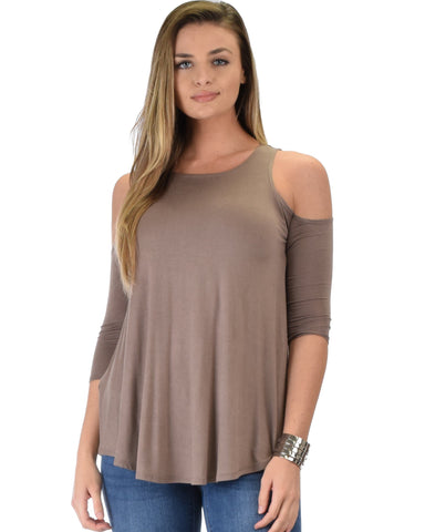 Lyss Loo In Good Company Cold Shoulder Taupe 3/4 Sleeve Top - Clothing Showroom