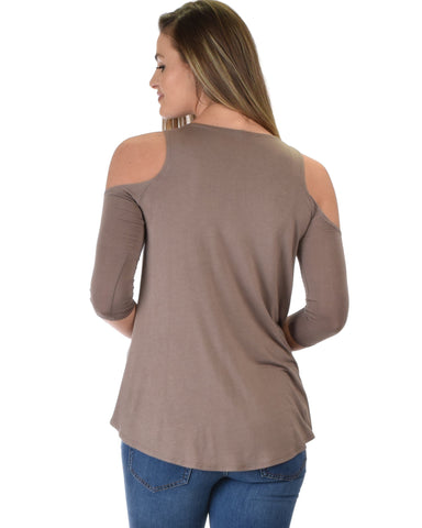Lyss Loo In Good Company Cold Shoulder Taupe 3/4 Sleeve Top - Clothing Showroom