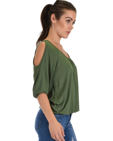 Lyss Loo I Feel Good Cold Shoulder Olive Cinched Top - Clothing Showroom