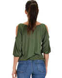 Lyss Loo I Feel Good Cold Shoulder Olive Cinched Top - Clothing Showroom