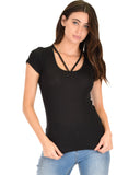 Lyss Loo V-Neck Strappy Black Ribbed Top - Clothing Showroom