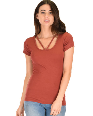 Lyss Loo V-Neck Strappy Rust Ribbed Top - Clothing Showroom