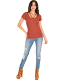 Lyss Loo V-Neck Strappy Rust Ribbed Top - Clothing Showroom