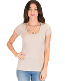 Lyss Loo V-Neck Strappy Taupe Ribbed Top - Clothing Showroom