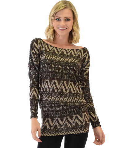 Lyss Loo Contemporary Long Sleeve Patterned Brown Dolman Tunic Sweater Top - Clothing Showroom