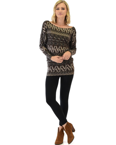 Lyss Loo Contemporary Long Sleeve Patterned Brown Dolman Tunic Sweater Top - Clothing Showroom