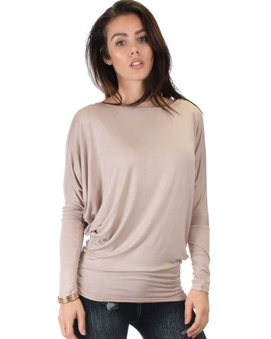 Lyss Loo Contemporary Long Sleeve Taupe Dolman Tunic Top - Clothing Showroom
