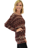 Lyss Loo Contemporary Long Sleeve Patterned Burgundy Dolman Tunic Sweater Top - Clothing Showroom