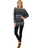 Lyss Loo Contemporary Long Sleeve Patterned Navy Dolman Tunic Sweater Top - Clothing Showroom