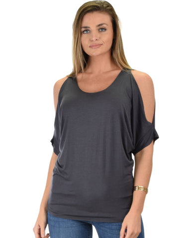 Lyss Loo Contemporary Cold Shoulder Charcoal Dolman Tunic Top - Clothing Showroom