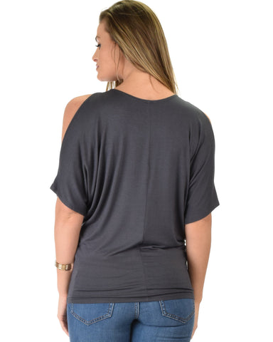 Lyss Loo Contemporary Cold Shoulder Charcoal Dolman Tunic Top - Clothing Showroom
