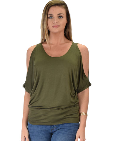 Lyss Loo Contemporary Cold Shoulder Olive Dolman Tunic Top - Clothing Showroom