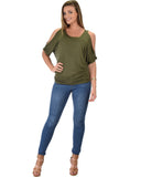 Lyss Loo Contemporary Cold Shoulder Olive Dolman Tunic Top - Clothing Showroom
